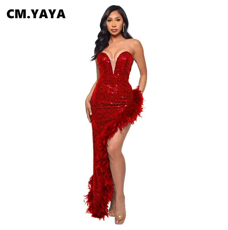 unisex classic outfit vestoraa cm.yaya sequined strapless feather - everyday wear garment with black design detail (USA)