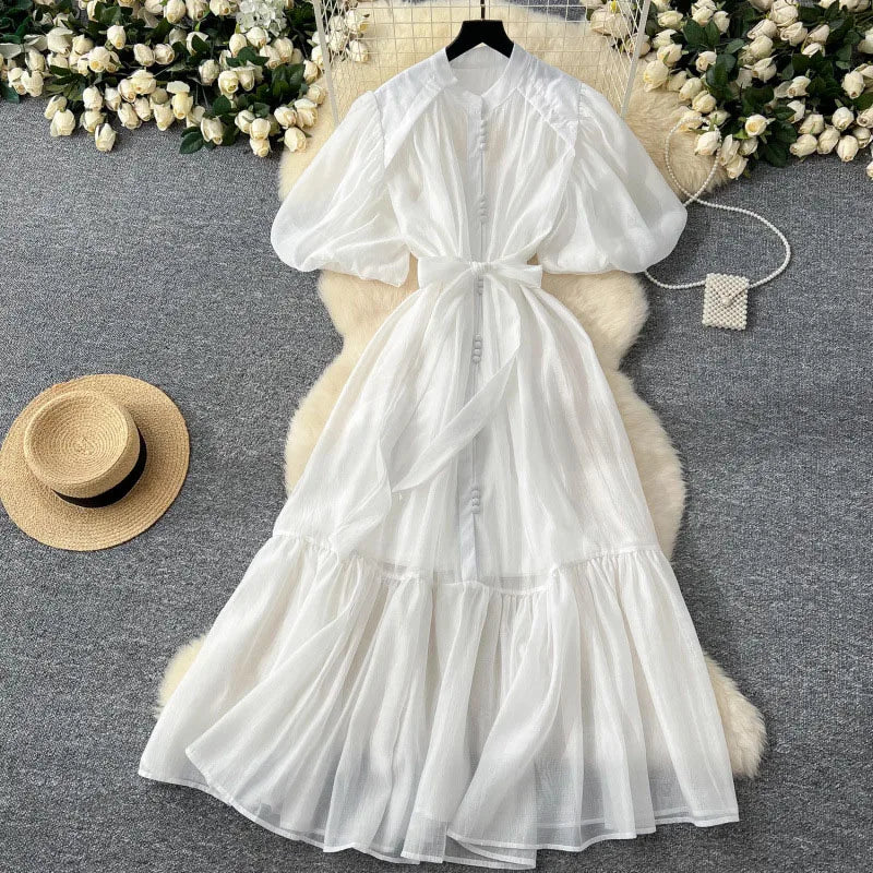 vestoraa lantern sleeves waist cinching long dress woman outfit 8 - casual unisex garment with precision (USA)