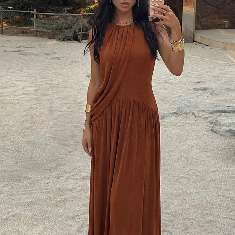 unisex casual outfit vestoraa o-neck solid vacation dress - daily wear garment with gold design detail (USA)