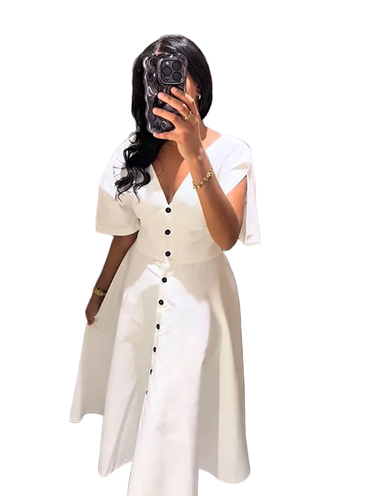 vestoraa white long dress short sleeve v-neck - casual unisex outfit with precision in white metal (USA)