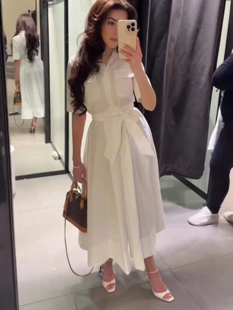 vestoraa line dress lace up short sleeve - dress unisex outfit with precision in white cotton (USA)