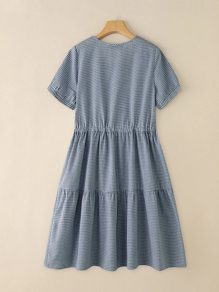 unisex casual outfit vestoraa tiered dresses o-neck shor - daily wear garment with gold design detail (USA)