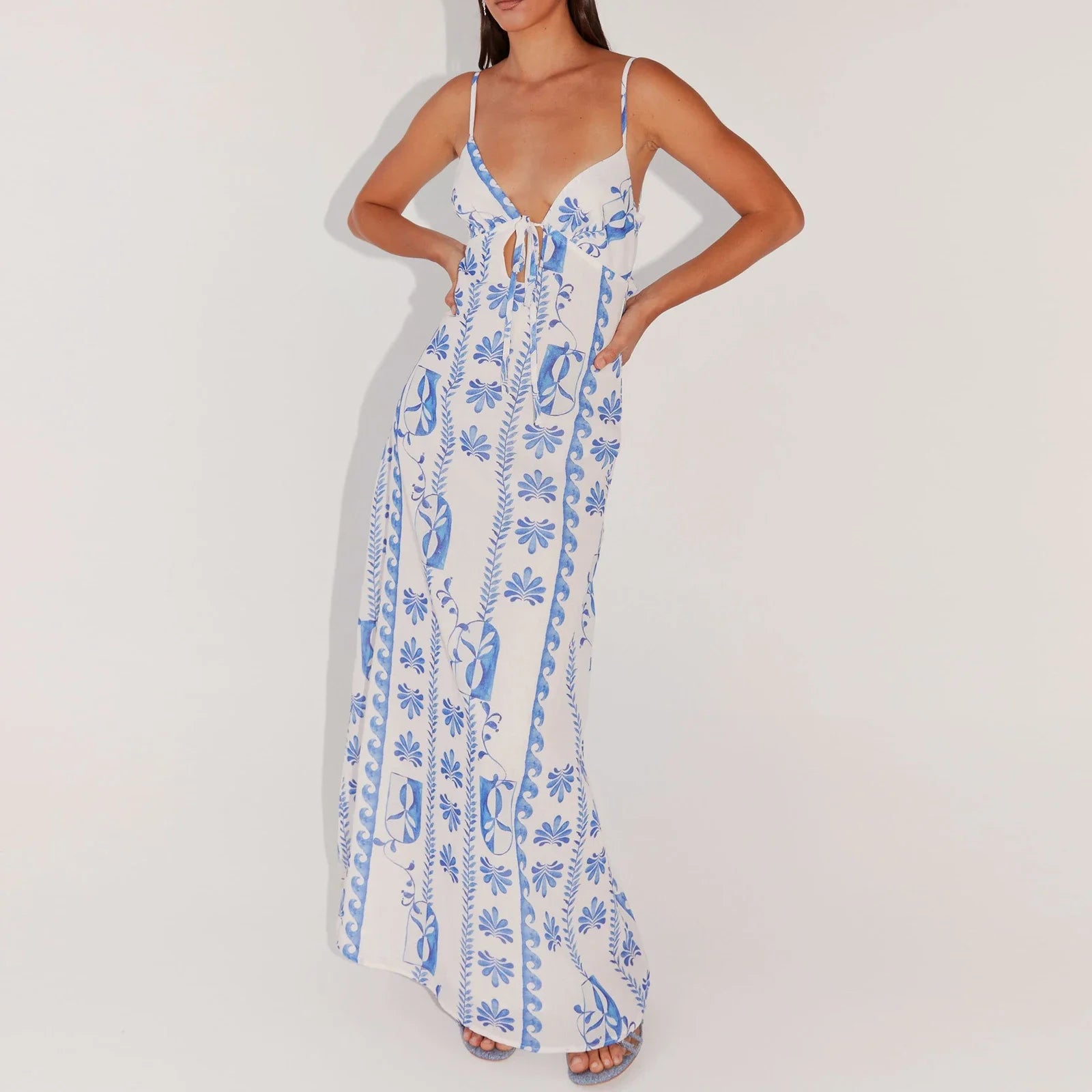 unisex classic outfit vestoraa sleeveless spaghetti strap tie-up front - daily wear garment with blue design detail (USA)