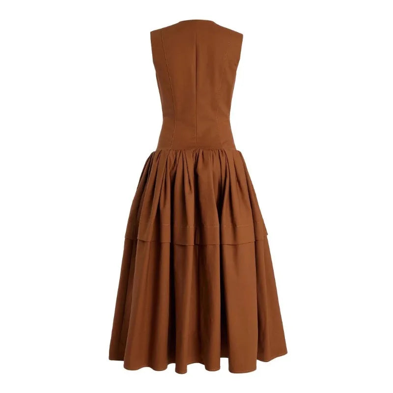 Vestoraa vestoraa brown o-neck vest -line dress zipper sleeveless unisex garment - precision metal outfit (USA)