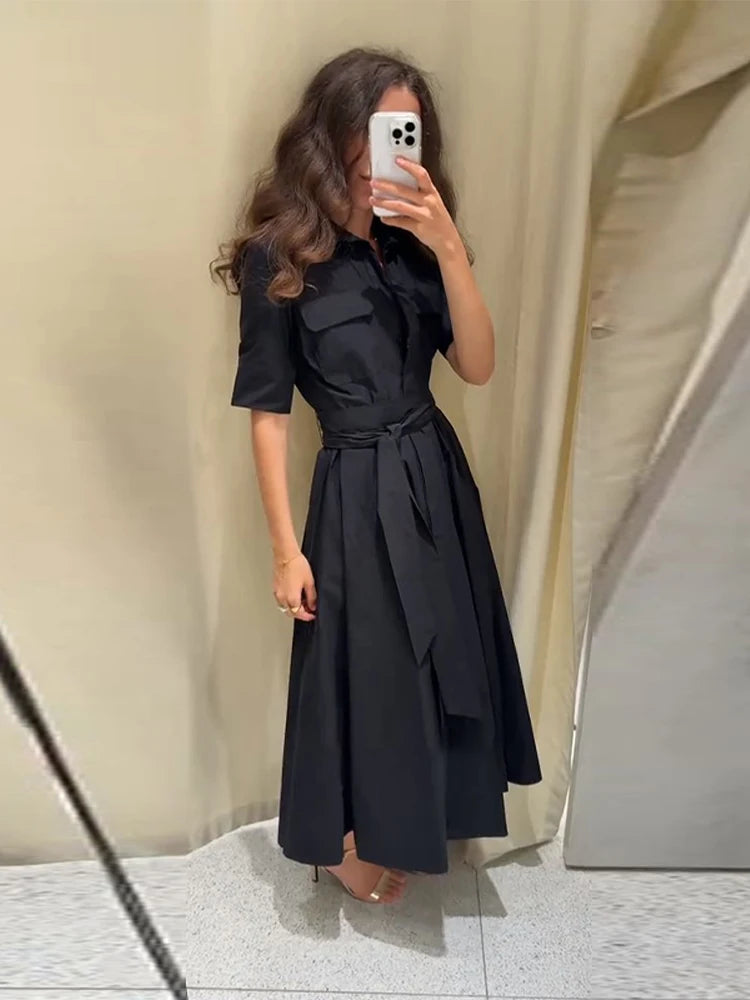 unisex casual outfit vestoraa lapel lace up solid color dress woman short - daily wear garment with black design detail (USA)