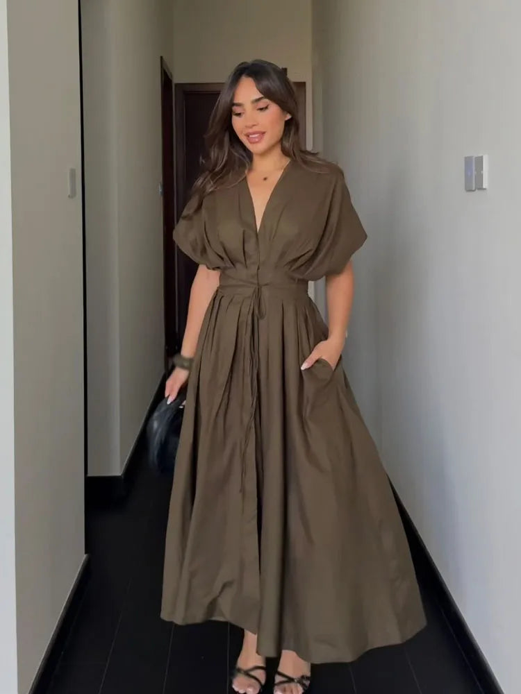 unisex dress outfit vestoraa long dress solid v-neck - daily wear garment with gold design detail (USA)