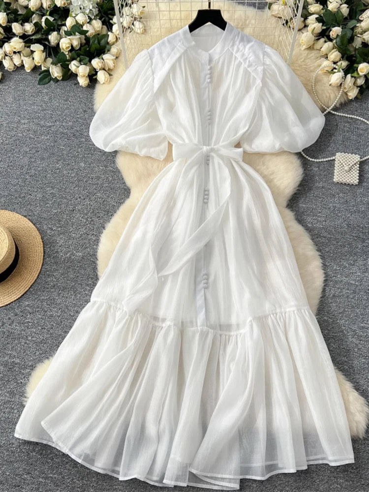 vestoraa lantern sleeves waist cinching long dress woman outfit 6 - casual unisex garment with precision (USA)