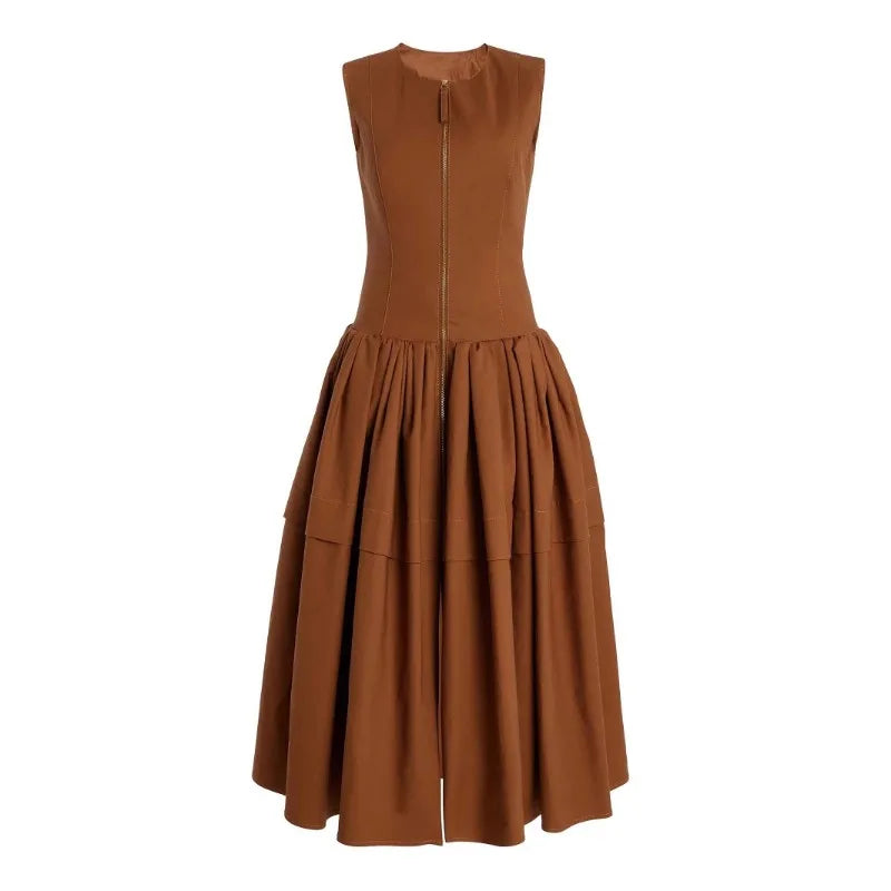 vestoraa brown o-neck vest -line dress zipper sleeveless - dress unisex outfit with precision in gold metal (USA)
