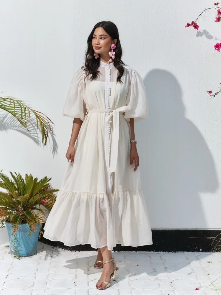 vestoraa lantern sleeves waist cinching long dress woman - casual unisex outfit with precision in black cotton (USA)