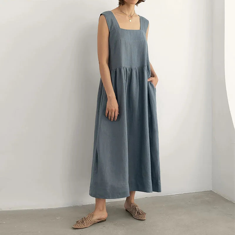 vestoraa vintage square collar sleeveless maxi dress - casual unisex outfit with precision in gold cotton (USA)