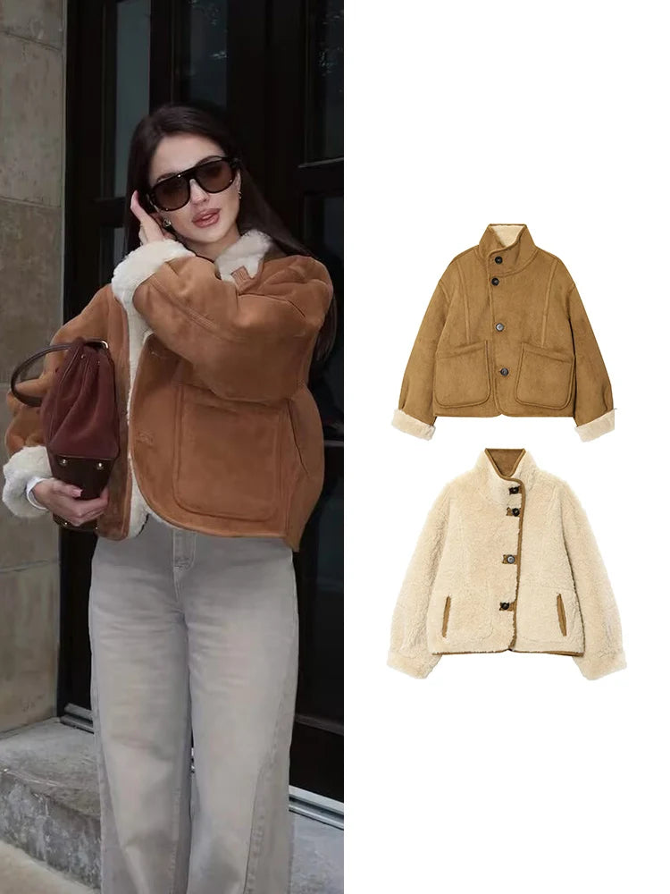 vestoraa double sided suede jacket coat - casual unisex outfit with precision in neutral metal (USA)