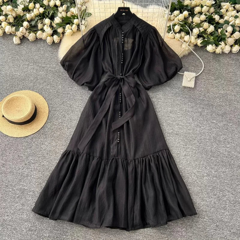 vestoraa lantern sleeves waist cinching long dress woman outfit 10 - casual unisex garment with precision (USA)