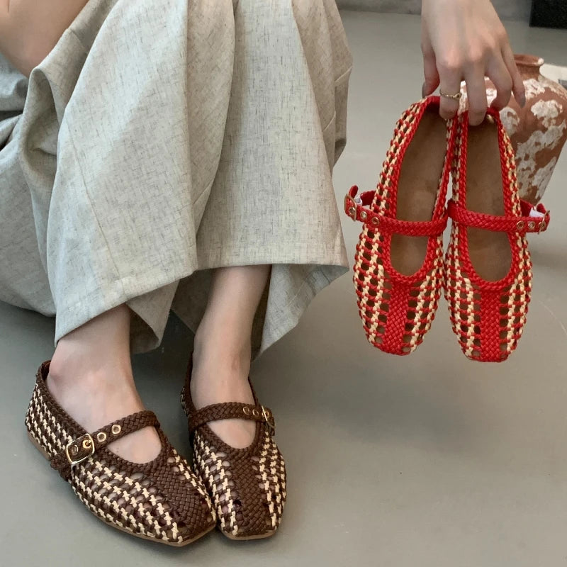 vestoraa handwoven mixed colors hollow ballet flats outfit detail - reliable design, precision, waterproof casual design