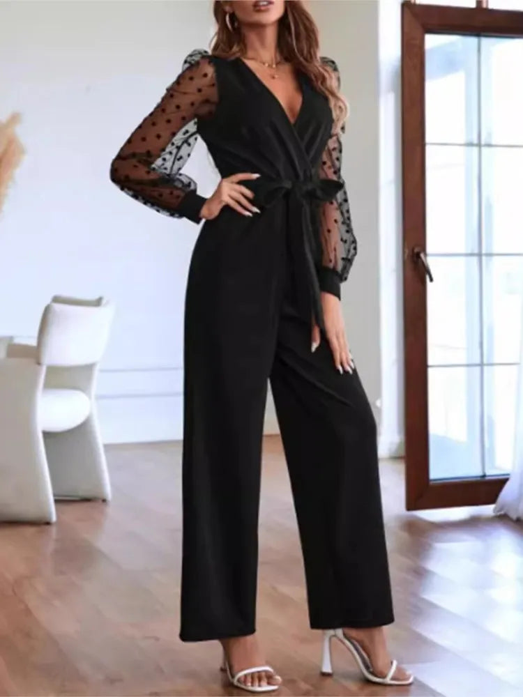 vestoraa v neck lace long sleeve jumpsuit - casual unisex outfit with precision in black metal (USA)