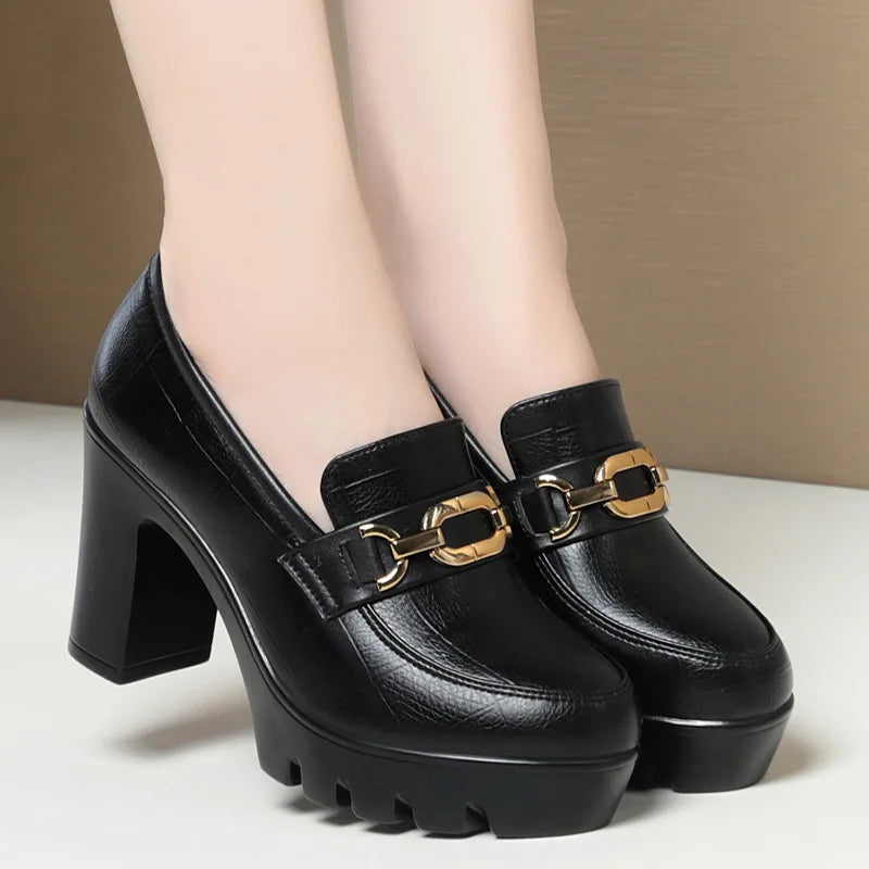 unisex casual outfit vestoraa soft leather black shoe woman block pumps thick - daily wear garment with black design detail