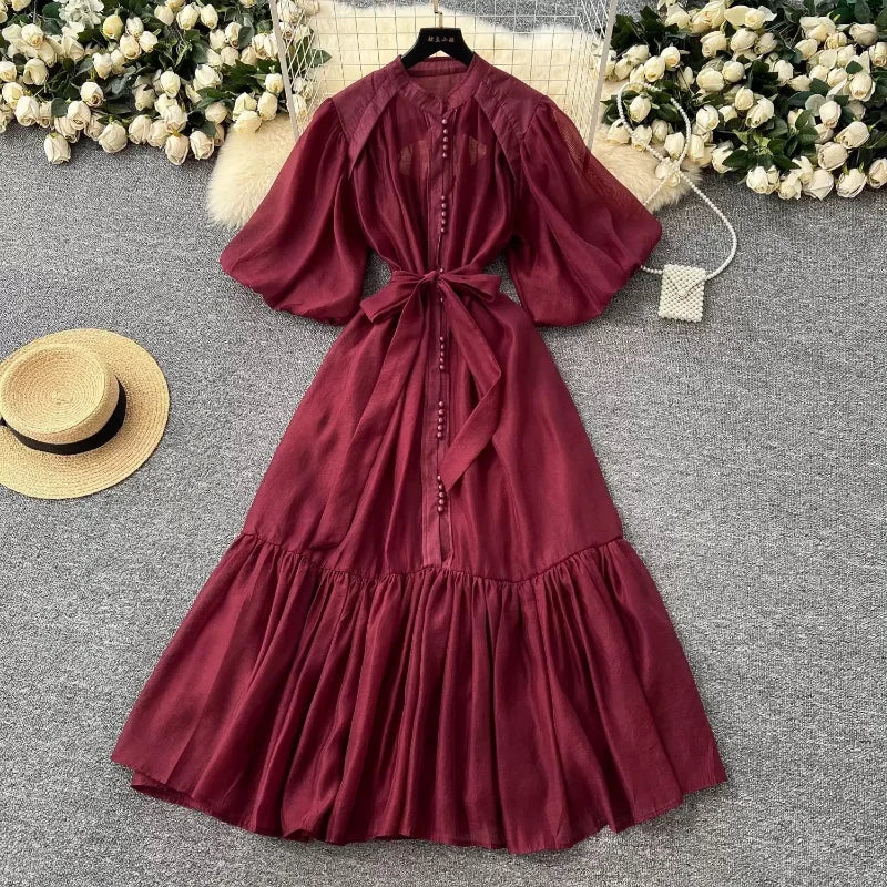 vestoraa lantern sleeves waist cinching long dress woman outfit 9 - casual unisex garment with precision (USA)