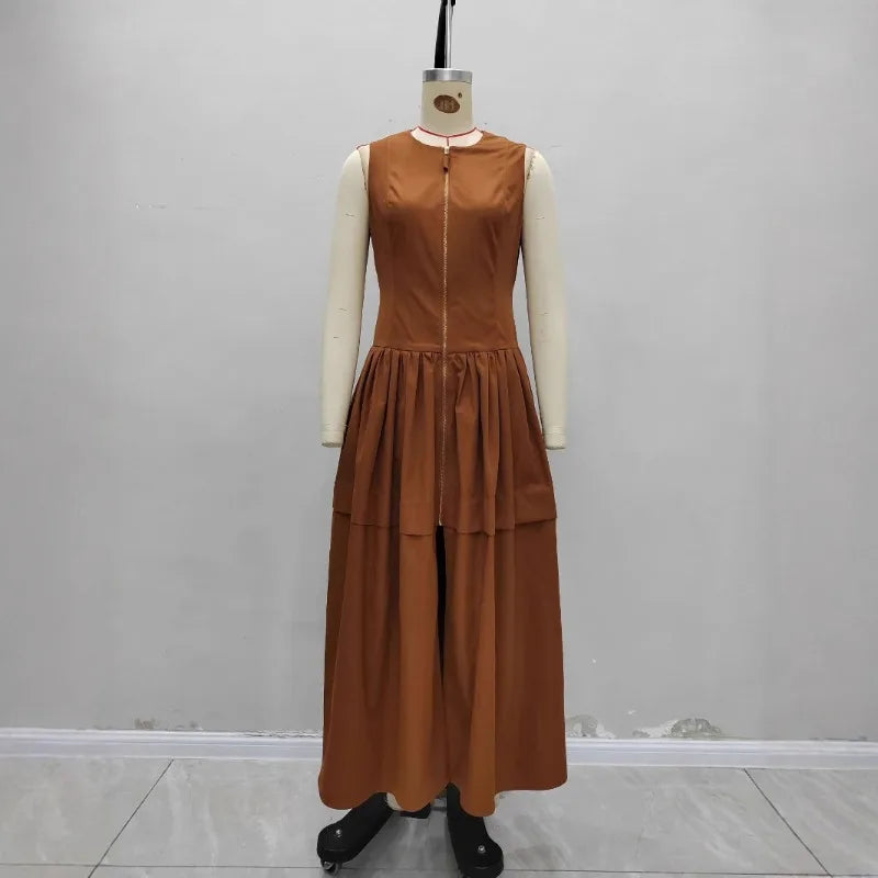 vestoraa brown o-neck vest -line dress zipper sleeveless outfit 5 - dress unisex garment with precision (USA)