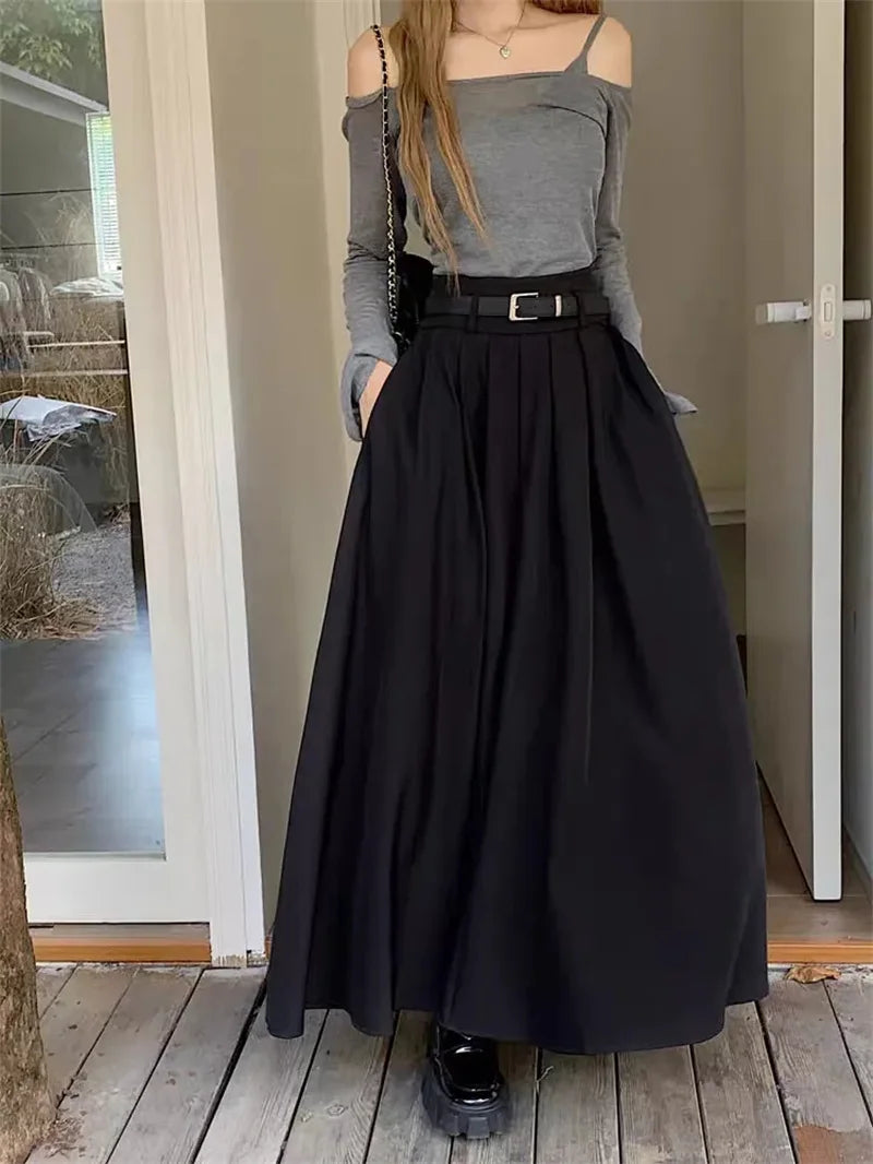unisex casual outfit vestoraa waist jupe pleating swing skirt - daily wear garment with black design detail (USA)