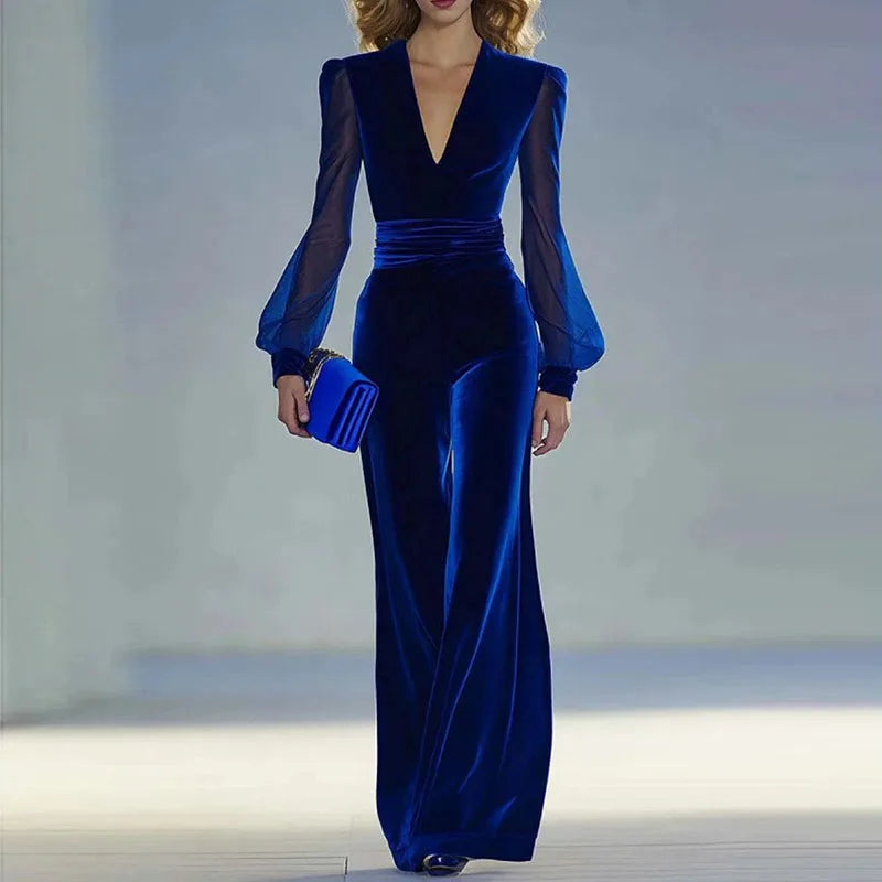 vestoraa sexy deep v neck velvet jumpsuit woman - classic unisex outfit with precision in blue metal (USA)