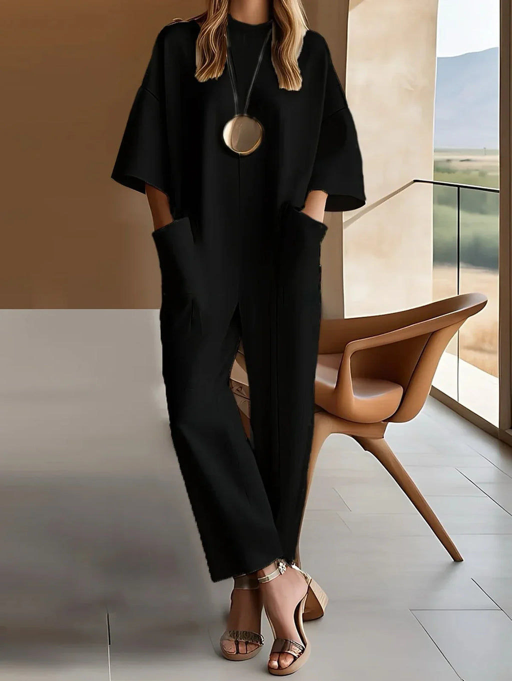 unisex casual outfit vestoraa jumpsuit round neck half sleeve - everyday wear garment with black design detail (USA)