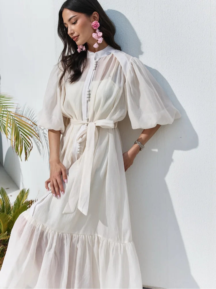 vestoraa lantern sleeves waist cinching long dress woman outfit detail - reliable design, precision, waterproof casual