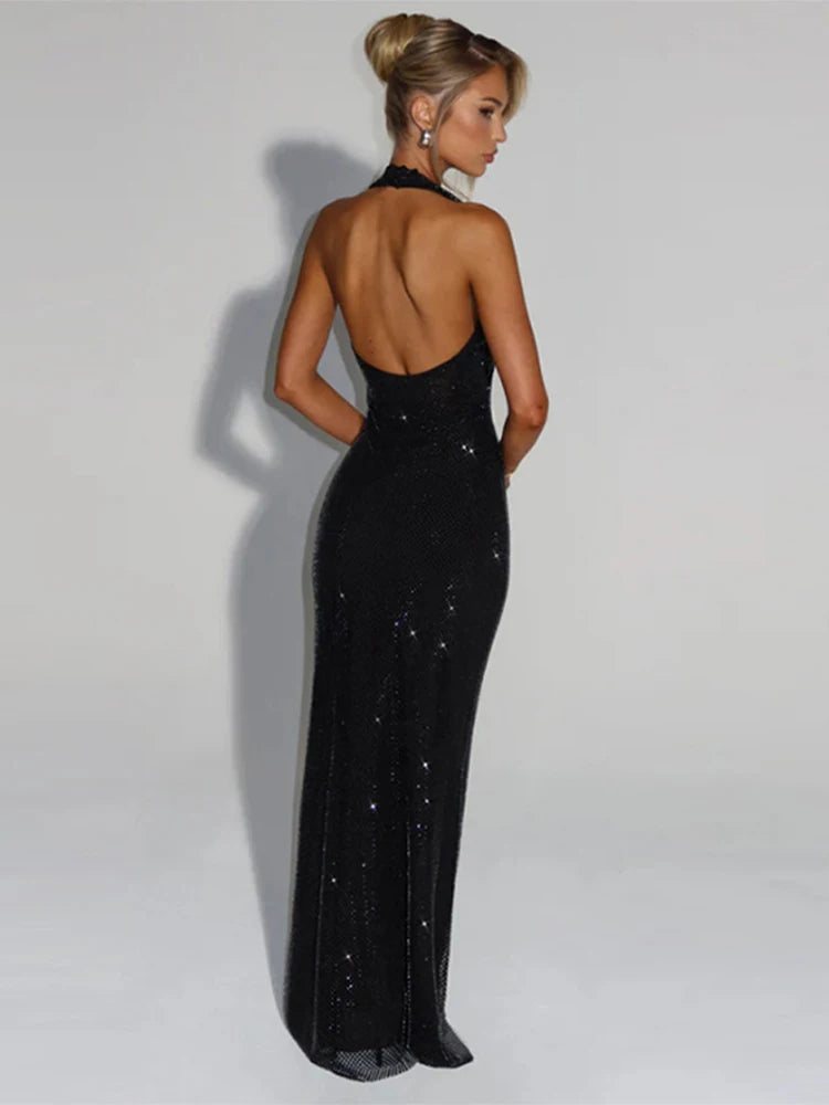 unisex dress outfit vestoraa chic halter sequined floor-length - daily wear garment with black design detail (USA)
