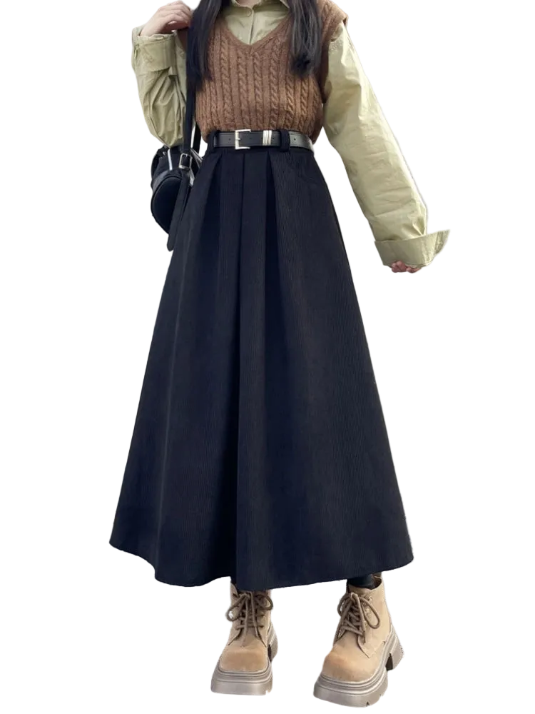 vestoraa qiukichonson mid long skirts s corduroy skirt - dress unisex outfit with precision in black cotton (USA)