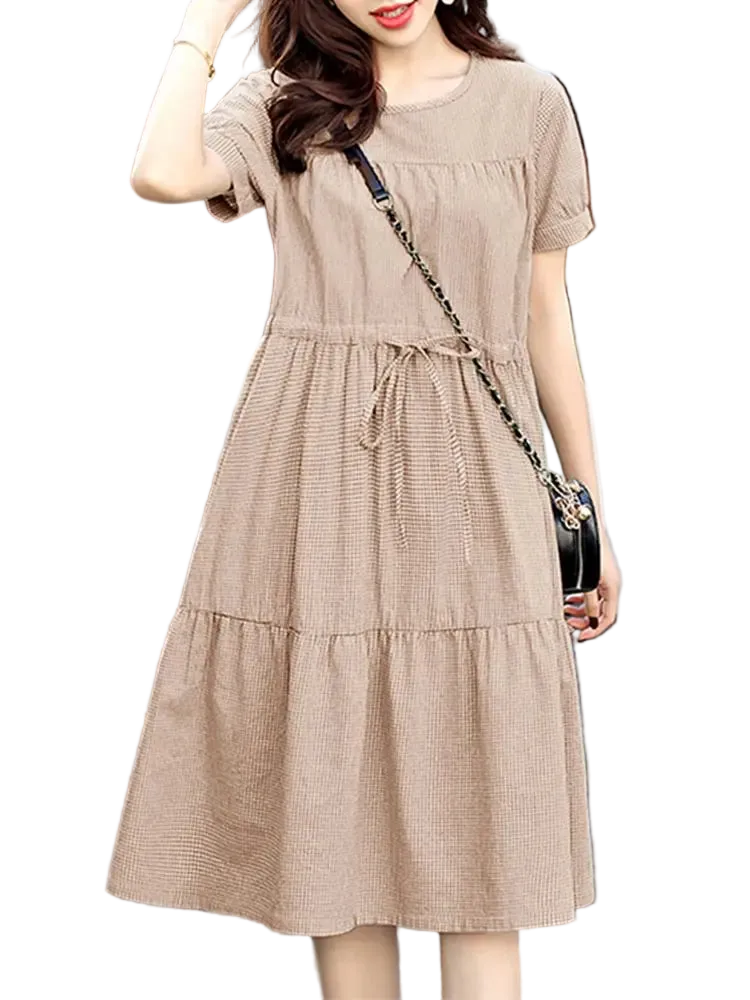 vestoraa tiered dresses o-neck shor - casual unisex outfit with precision in gold cotton (USA)