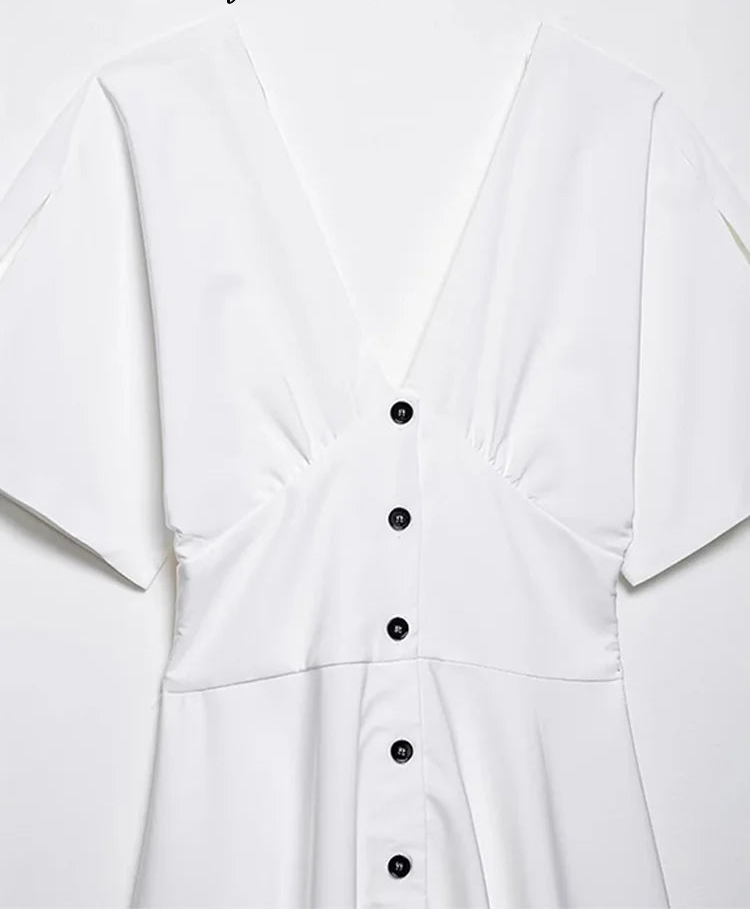 vestoraa white long dress short sleeve v-neck outfit 5 - casual unisex garment with precision (USA)