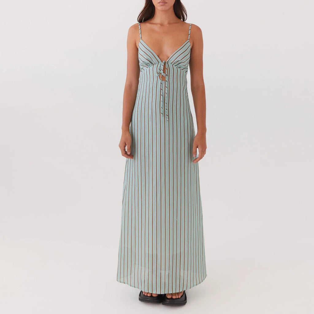 vestoraa sleeveless spaghetti strap tie-up front - classic unisex outfit with precision in blue cotton (USA)