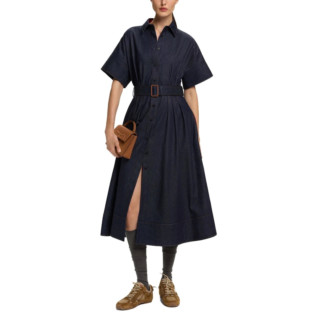 vestoraa series denim midi dress lapel slim - casual unisex outfit with precision in blue cotton (USA)