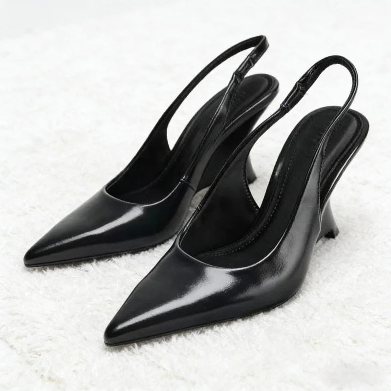 vestoraa black patent leather pointed toe heels outfit detail - tailored design, precision, waterproof formal design (USA)