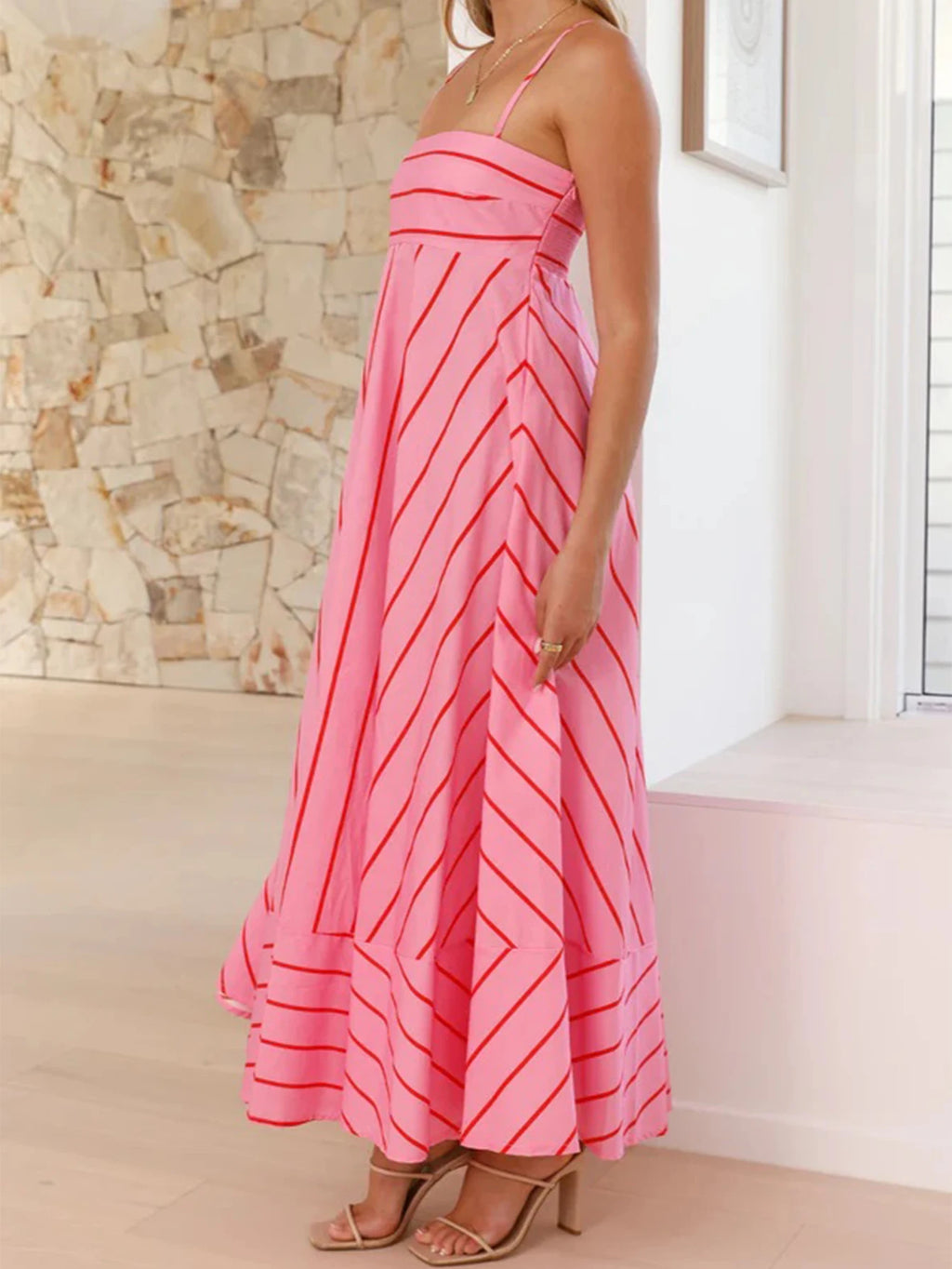unisex casual outfit vestoraa sexy suspender printed striped maxi dress - daily wear garment with neutral design detail (USA)