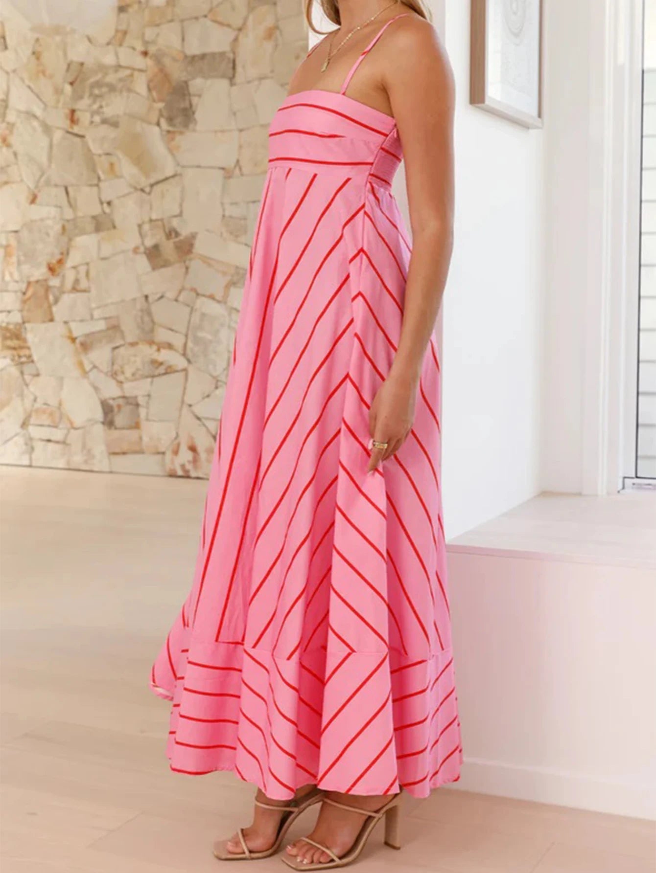 unisex casual outfit vestoraa sexy suspender printed striped maxi dress - daily wear garment with neutral design detail (USA)
