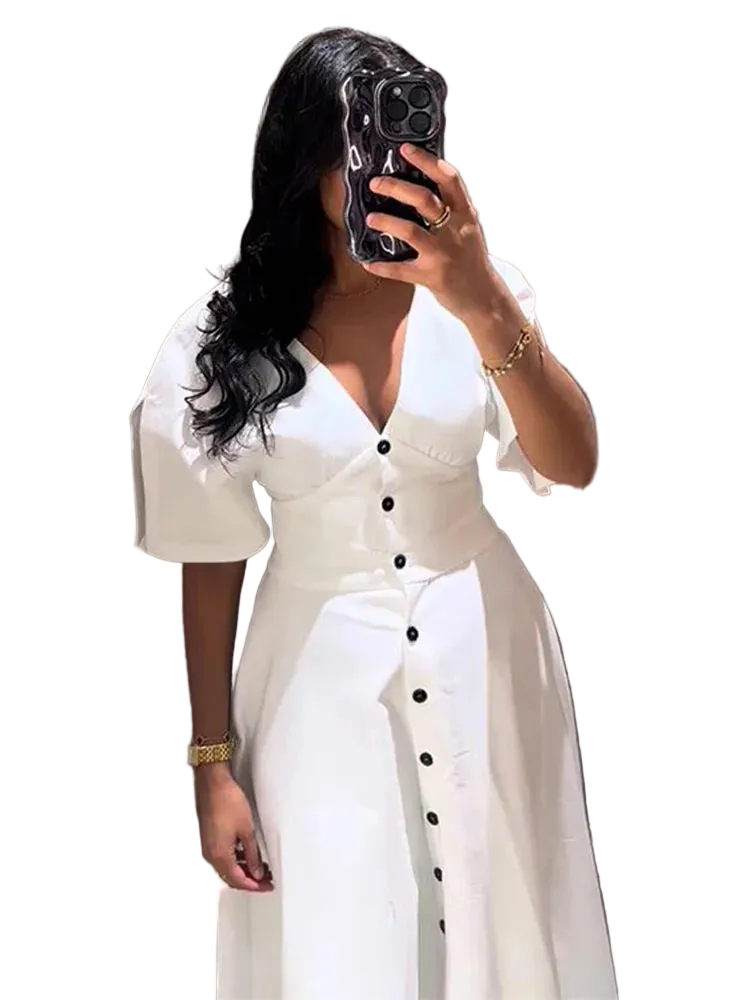 vestoraa white long dress short sleeve v-neck outfit detail - reliable design, precision, waterproof casual design (USA)