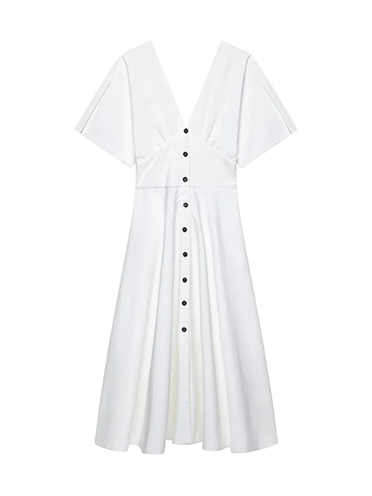 unisex casual outfit vestoraa white long dress short sleeve v-neck - daily wear garment with white design detail (USA)
