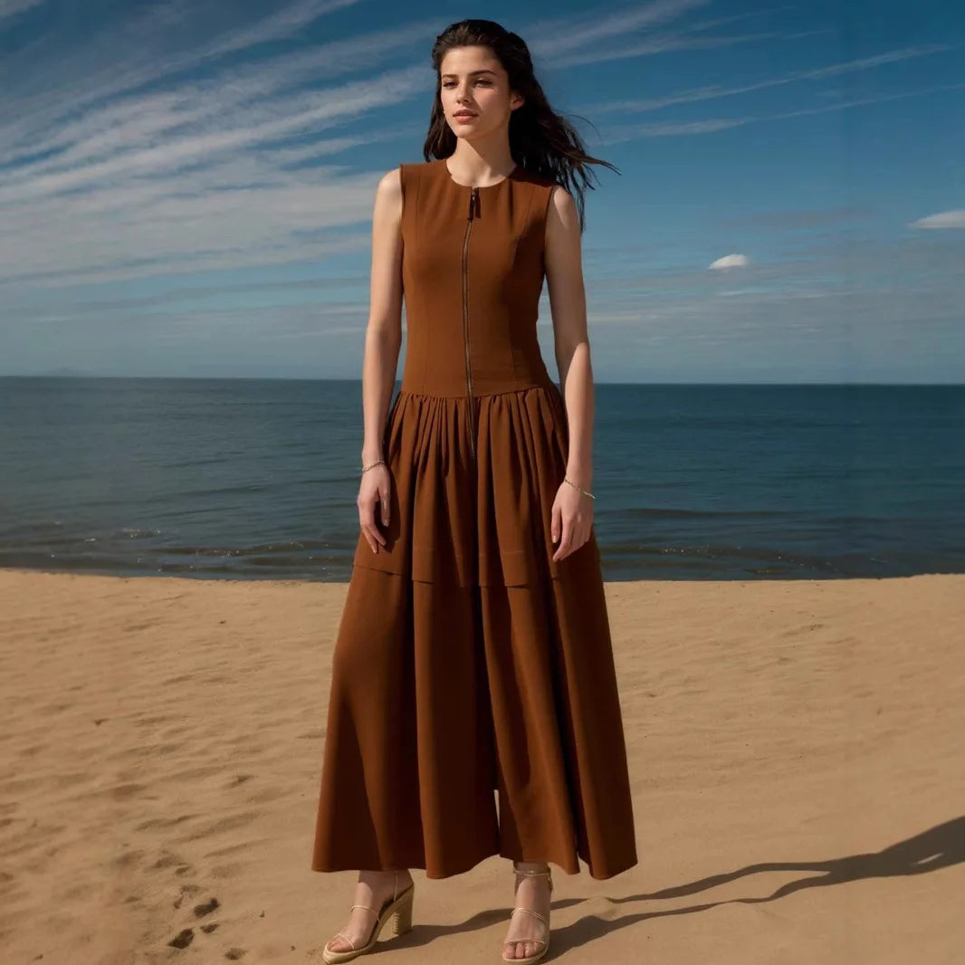 vestoraa brown o-neck vest -line dress zipper sleeveless outfit 7 - dress unisex garment with precision (USA)