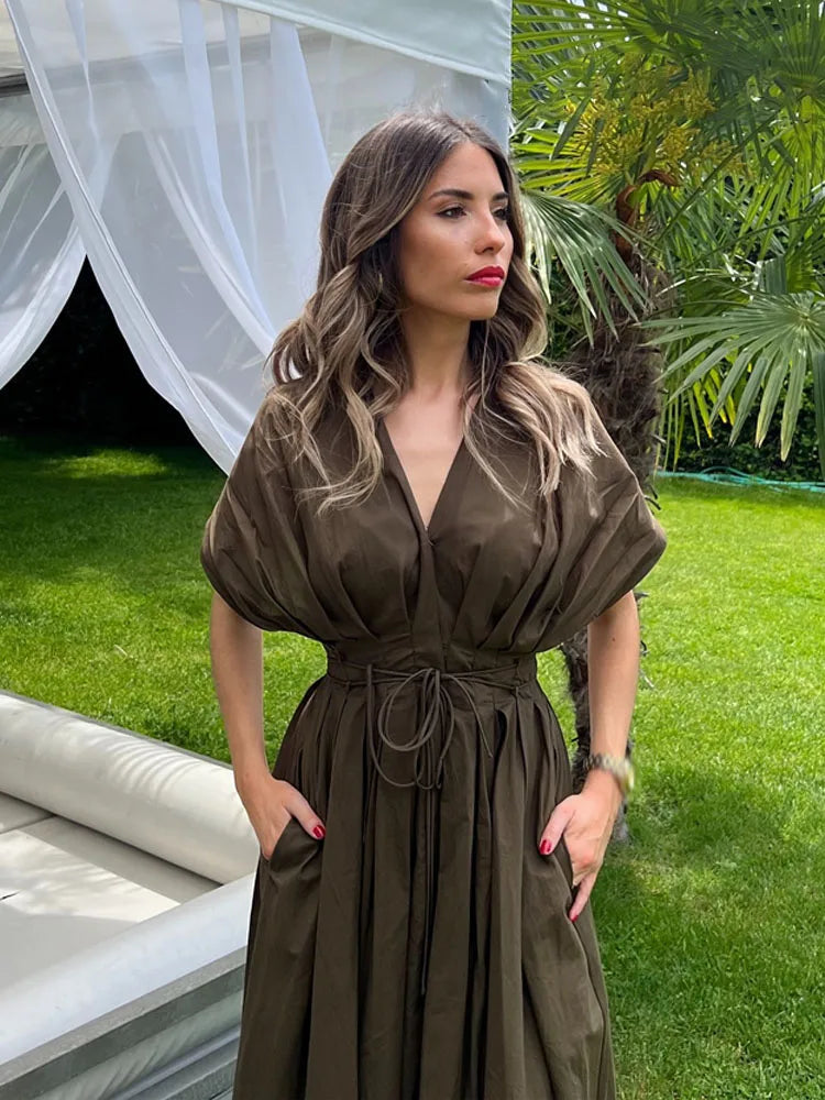 vestoraa long dress solid v-neck outfit detail - reliable design, precision, waterproof dress design (USA)
