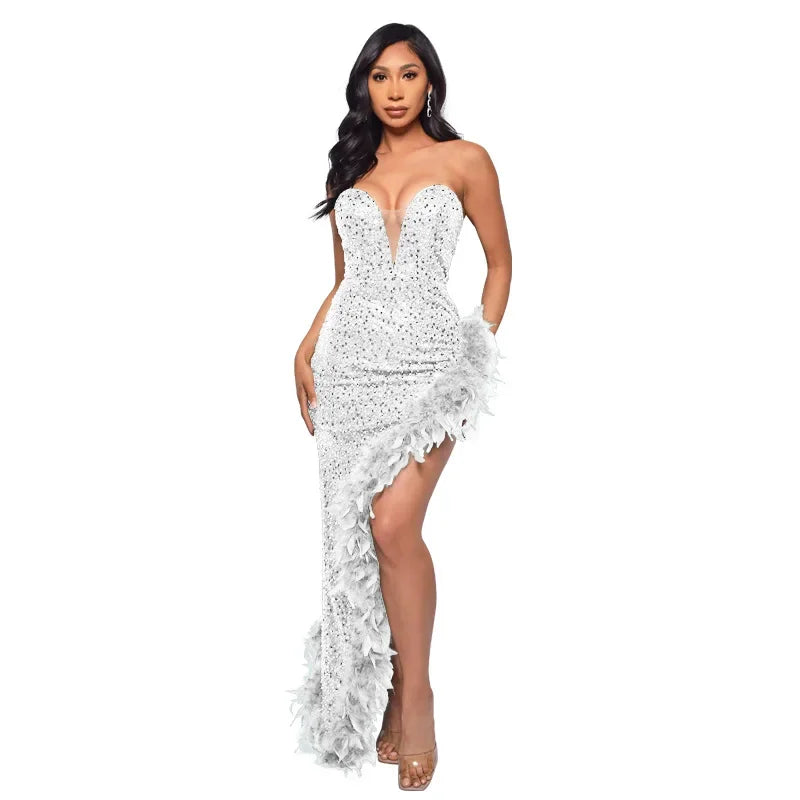 vestoraa cm.yaya sequined strapless feather outfit 15 - classic unisex garment with precision (USA)