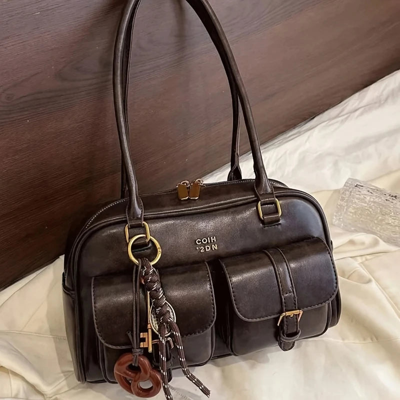 Vestoraa vestoraa 's retro solid color pu leather shoulder bag unisex garment - precision metal outfit (USA)