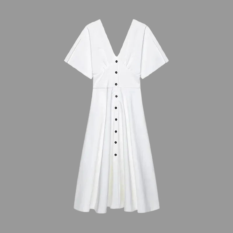 vestoraa white long dress short sleeve v-neck outfit 6 - casual unisex garment with precision (USA)