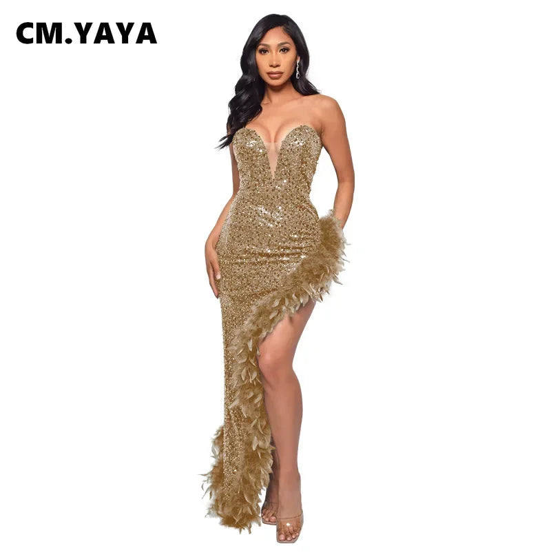 vestoraa cm.yaya sequined strapless feather outfit 5 - classic unisex garment with precision (USA)