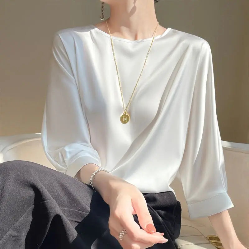 vestoraa satin silk half-sleeve tee tops basic solid outfit 5 - dress unisex garment with precision (USA)