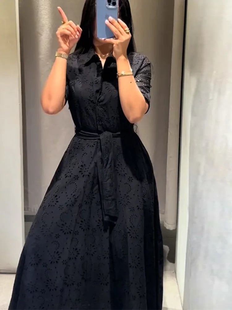 vestoraa lapel lace up solid color dress woman short - casual unisex outfit with precision in black cotton (USA)
