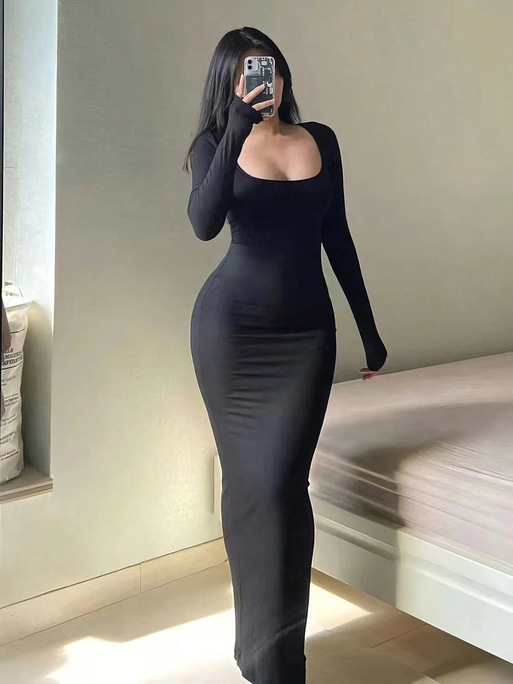 vestoraa 's solid long sleeve bodycon dress, chic - dress unisex outfit with precision in black metal (USA)