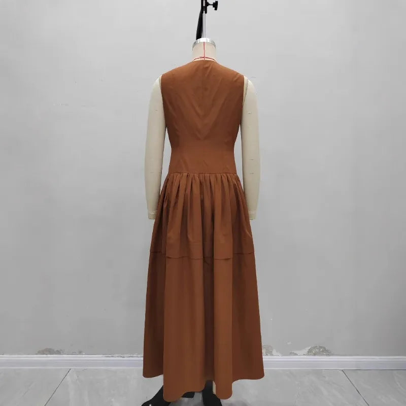 vestoraa brown o-neck vest -line dress zipper sleeveless outfit 6 - dress unisex garment with precision (USA)