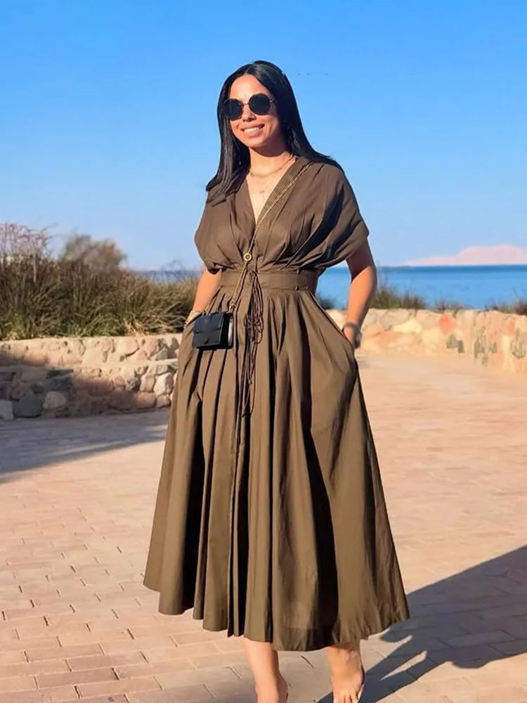 vestoraa long dress solid v-neck - dress unisex outfit with precision in gold metal (USA)