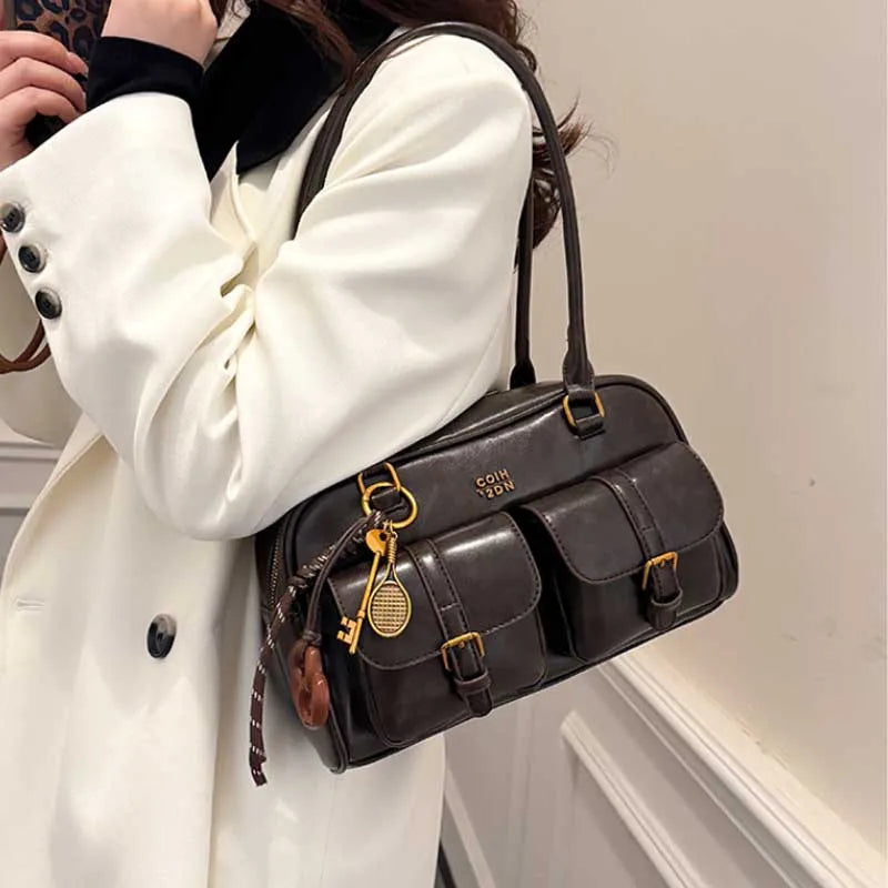 vestoraa 's retro solid color pu leather shoulder bag outfit detail - reliable design, precision, waterproof classic design
