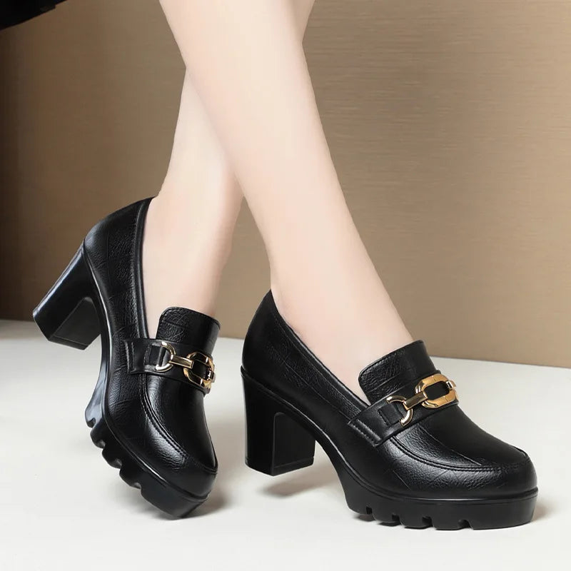 Vestoraa vestoraa soft leather black shoe woman block pumps thick unisex garment - precision metal outfit (USA)