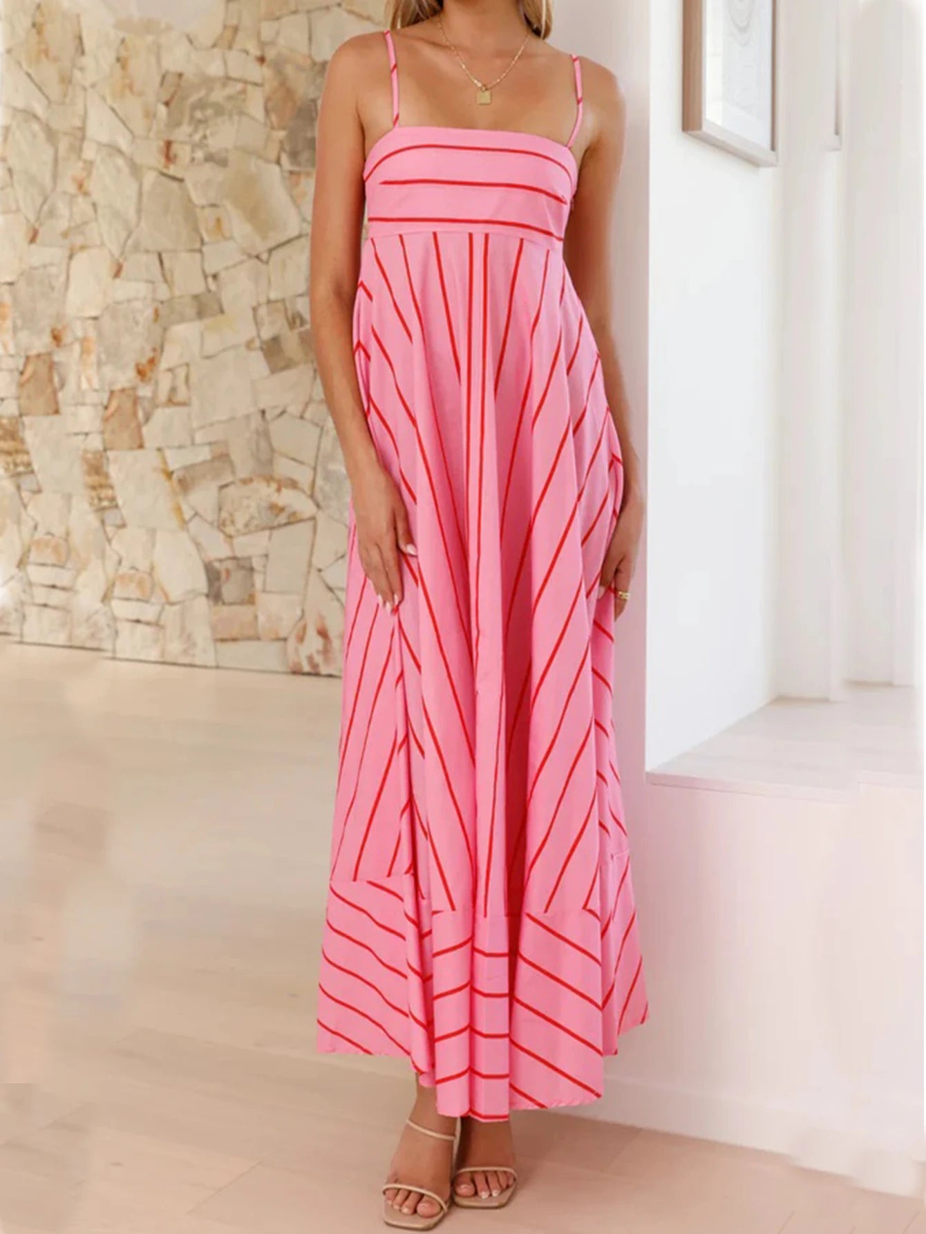 vestoraa sexy suspender printed striped maxi dress - casual unisex outfit with precision in neutral metal (USA)